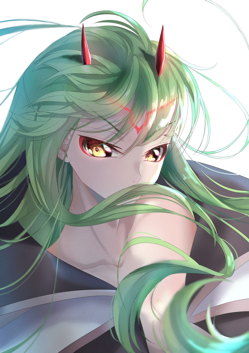 absurdres alternate_costume black_cape blurry budgiepon c.c. cape code_geass collarbone commentary cosplay darling_in_the_franxx demon_girl demon_horns depth_of_field eyelashes female forehead_tattoo green_hair hair_between_eyes hair_spread_out highres horns long_hair looking_at_viewer nose simple_background solo two-tone_cape v-shaped_eyebrows very_long_hair white_background white_cape wind wind_lift yellow_eyes zero_two_(darling_in_the_franxx) zero_two_(darling_in_the_franxx)_(cosplay)