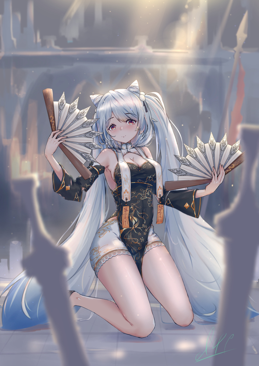 2318257725 alternate_costume azur_lane breasts china_dress chinese_clothes chinese_commentary cleavage cleavage_cutout clothing_cutout detached_sleeves dress drill_hair female folding_fan full_body gold_trim hair_horns hand_fan highres holding holding_fan kiev_(azur_lane) kneeling long_hair medium_breasts orange_eyes pelvic_curtain shorts signature tessen thighs twin_drills twintails very_long_hair war_fan white_hair white_shorts