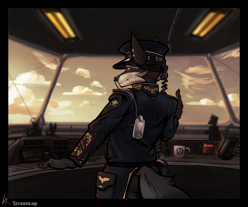 6:5 anthro clothed clothing detailed_background dieselpunk digital_media_(artwork) digital_painting_(artwork) electronics fur gas_mask group headgear headphones headset headwear hi_res highfleet_(game) male mammal mask military military_uniform procyonid raccoon screencap_(artist) shaded solo_focus uniform