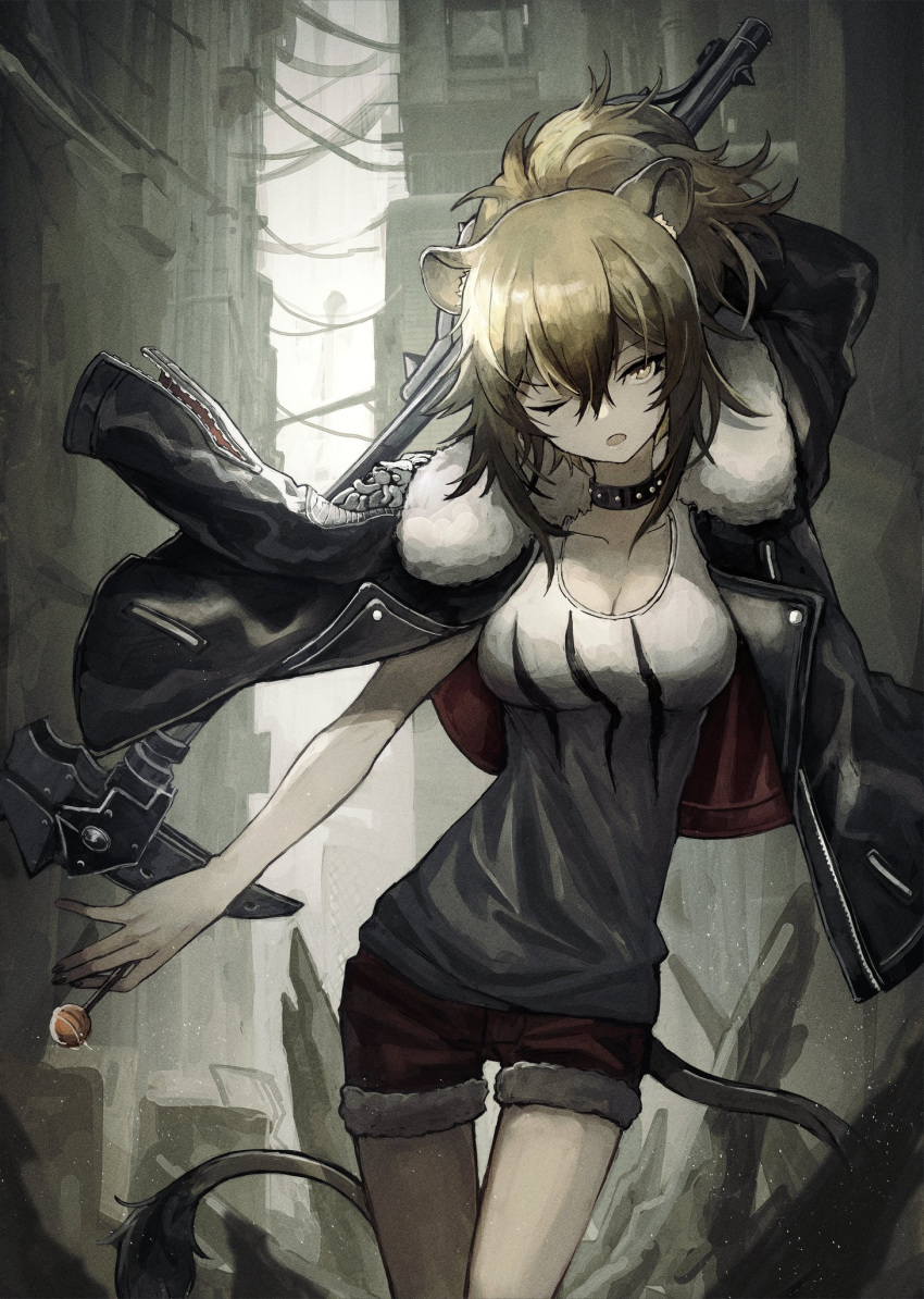 animal_ears arknights black_jacket blonde_hair breasts brown_eyes brown_hair candy choker cleavage collarbone commentary_request female food fur_trim hair_between_eyes highres holding jacket large_breasts leather leather_jacket lion_ears lion_girl lion_tail lollipop long_hair looking_at_viewer red_shorts sanshouuo short_shorts shorts siege_(arknights) solo studded_choker tail tank_top white_tank_top