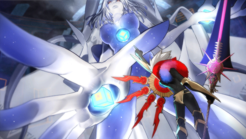 1boy armor ass back bodysuit breasts cube fate/extella fate/extra fate_(series) female fur_trim game_cg giant giantess highres karna_(fate) looking_at_another non-web_source official_art pale_skin photoshop_(medium) pointing pointing_at_another polearm red_eyes sefar spear spoilers standing vasavi_shakti_(fate) veil wada_arco weapon white_hair