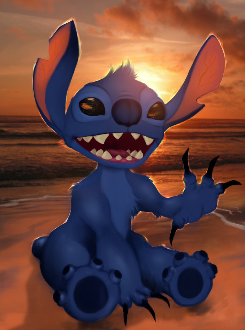 2014 4_fingers 4_toes absurd_res alien beach blue_body blue_fur blue_nose blue_pawpads caio_santos claws disney experiment_(lilo_and_stitch) feet fingers fur head_tuft hi_res lilo_and_stitch male male_(lore) notched_ear open_mouth open_smile pawpads seaside semi-anthro sharp_teeth sitting small_tail smile solo stitch_(lilo_and_stitch) sunset tail teeth toe_claws toes tuft