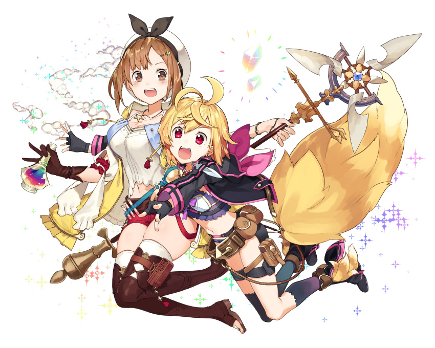 2girls atelier_(series) atelier_ryza atelier_ryza_1 belt blonde_hair boots bottle bracelet bridal_legwear brown_eyes brown_hair crossover fingerless_gloves gloves hair_ornament hairclip hat highres holding holding_bottle holding_staff jacket jewelry kai-ri-sei_million_arthur long_sleeves million_arthur_(series) multiple_girls necklace official_art open_clothes open_jacket open_mouth potion red_eyes reisalin_stout short_shorts shorts sparkle staff star_(symbol) star_necklace thigh_boots thighhighs toeless_legwear touzoku_arthur transparent_background usalxlusa