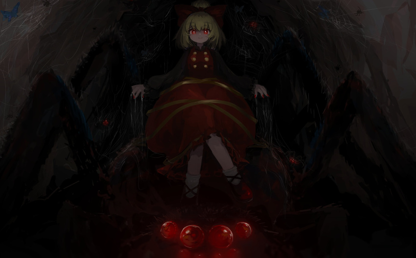 absurdres arthropod_limbs blonde_hair bow brown_bow brown_dress bug butterfly closed_mouth commentary_request dress female glowing glowing_eyes highres horror_(theme) ichinose_(kurui96) kurodani_yamame looking_at_viewer red_eyes short_hair silk smile solo spider spider_web touhou