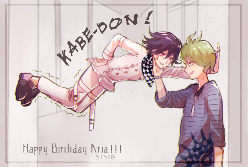 2boys against_wall amami_rantaro antenna_hair arm_at_side black_footwear buttons checkered_clothes checkered_scarf danganronpa_(series) danganronpa_v3:_killing_harmony dated double-breasted eye_contact from_side green_hair grin hair_between_eyes hakamii hand_on_another's_chin hand_on_own_hip happy_birthday highres jacket jewelry legs_together long_sleeves looking_at_another male_focus multiple_boys necklace oma_kokichi pants purple_hair scarf shirt shoes short_hair smile striped_clothes striped_shirt trembling white_jacket white_pants