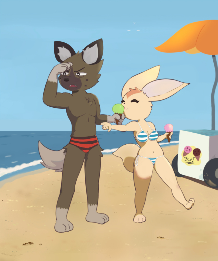 2021 aggretsuko anthro athletic athletic_male beach bikini black_ears black_eyes black_markings black_nose blue_clothing breasts brown_body brown_countershading brown_fur canid canine cart chest_tuft cleavage closed_eyes clothed clothing countershading dessert detailed_background digital_media_(artwork) duo ear_tuft fantharubi feet female fennec_fox fenneko food food_cart fox fur gesture haida_(aggretsuko) hand_gesture head_tuft hi_res holding_food holding_ice_cream holding_ice_cream_cone holding_object hyena ice_cream ice_cream_cone licking looking_away male male/female mammal markings midriff multicolored_body multicolored_fur narrowed_eyes navel open_mouth outside pattern_bikini pattern_clothing pattern_swimwear pivoted_ears pointing raised_leg red_clothing sand sanrio sea seaside shading_eyes sharp_teeth side-tie_bikini side-tie_clothing signature size_difference sky speedo spotted_hyena squint standing string_bikini striped_bikini striped_clothing striped_swimwear stripes swimwear tan_body tan_fur teeth tied_bikini tied_clothing toes tongue tongue_out topless topless_male trick true_fox tuft two_tone_body two_tone_fur umbrella vending_cart water wave wheel