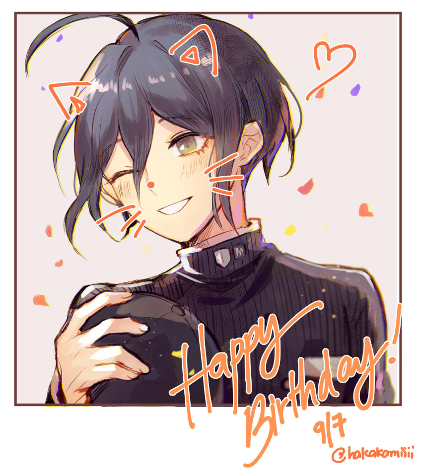 1boy absurdres ahoge animal_ears baseball_cap black_hair black_jacket blush border brown_eyes cat_ears danganronpa_(series) danganronpa_v3:_killing_harmony dated fake_animal_ears fake_whiskers grey_background grin hair_between_eyes hakamii happy_birthday hat heart highres holding holding_clothes holding_hat jacket long_sleeves looking_at_viewer male_focus one_eye_closed saihara_shuichi short_hair smile solo striped_clothes striped_jacket unworn_hat unworn_headwear upper_body white_border