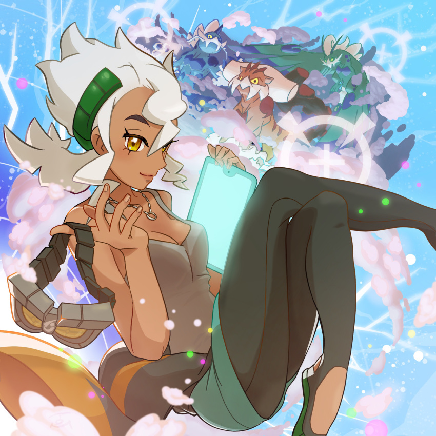 bad_id bad_pixiv_id blush breasts brown_eyes burnet_(pokemon) cleavage closed_mouth commentary crossed_legs dark-skinned_female dark_skin eyelashes female fingernails goggles grey_tank_top highres holding holding_removed_eyewear jewelry landorus landorus_(therian) long_hair medium_breasts necklace pokemon pokemon_(creature) pokemon_dream_radar pokemon_sm smile tablet_pc tank_top thundurus thundurus_(therian) tom_(pixiv10026189) tornadus tornadus_(therian) unworn_eyewear white_hair