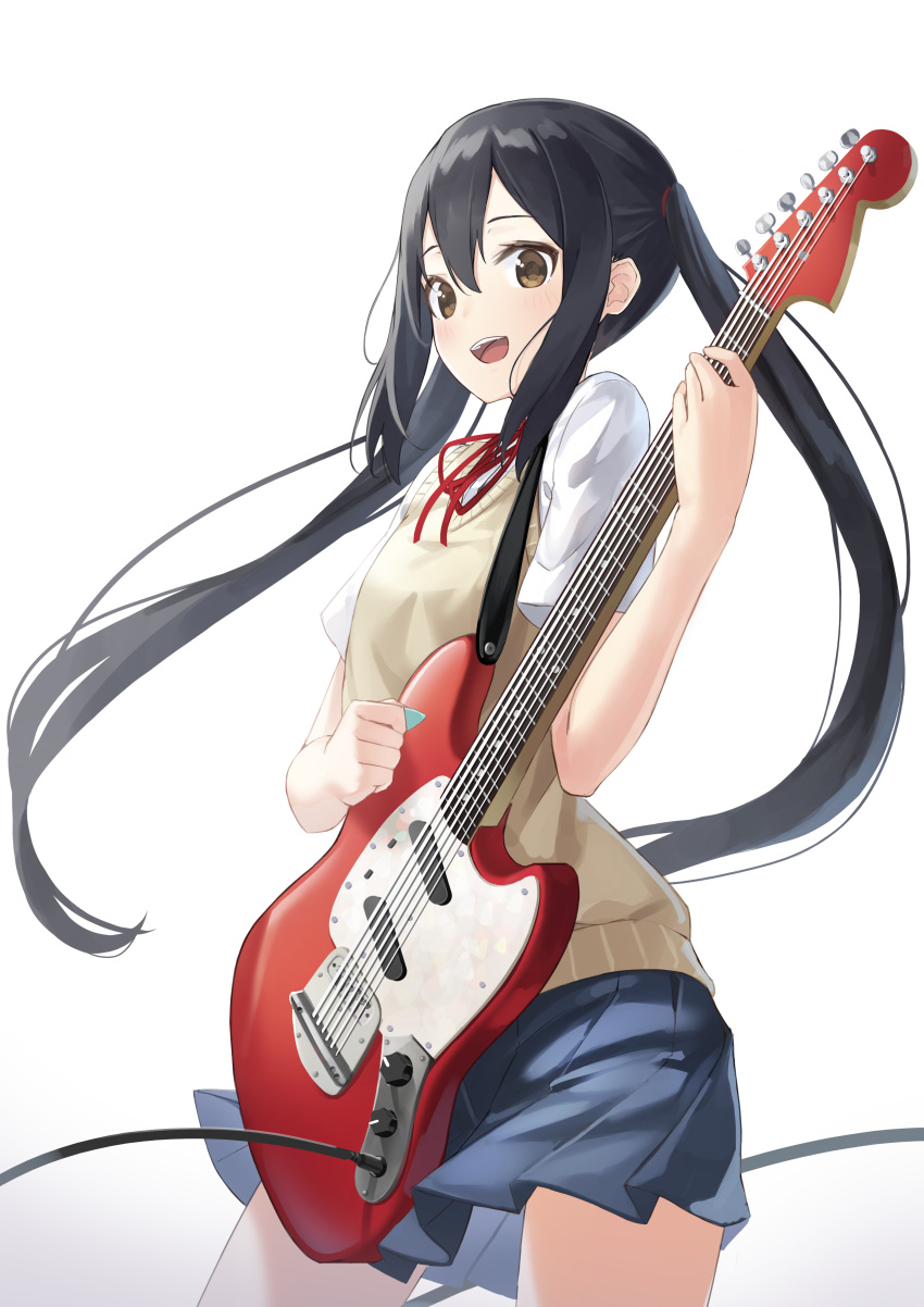 :d absurdres black_hair blue_skirt brown_eyes cowboy_shot electric_guitar female floating_hair guitar hair_between_eyes highres holding holding_instrument instrument k-on! kimyo long_hair miniskirt nakano_azusa neck_ribbon open_mouth pleated_skirt red_ribbon ribbon sakuragaoka_high_school_uniform school_uniform shirt short_sleeves simple_background skirt smile solo standing summer_uniform sweater_vest twintails very_long_hair white_background white_shirt