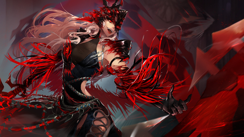 absurdres arm_strap armor black_gloves blonde_hair breasts chains collarbone commentary_request crop_top demon_slayer_(dungeon_and_fighter) dungeon_and_fighter elbow_gloves facing_viewer female female_slayer_(dungeon_and_fighter) floating_hair gloves glowing glowing_eyes helmet highres holding holding_sword holding_weapon korean_commentary leather_armor living_armor living_clothes long_hair looking_to_the_side medium_breasts open_mouth outstretched_arms photoshop_(medium) red_eyes ro_g_(oowack) rope sharp_teeth shoulder_armor side_slit skirt smile solo sword teeth tentacle upper_teeth_only weapon