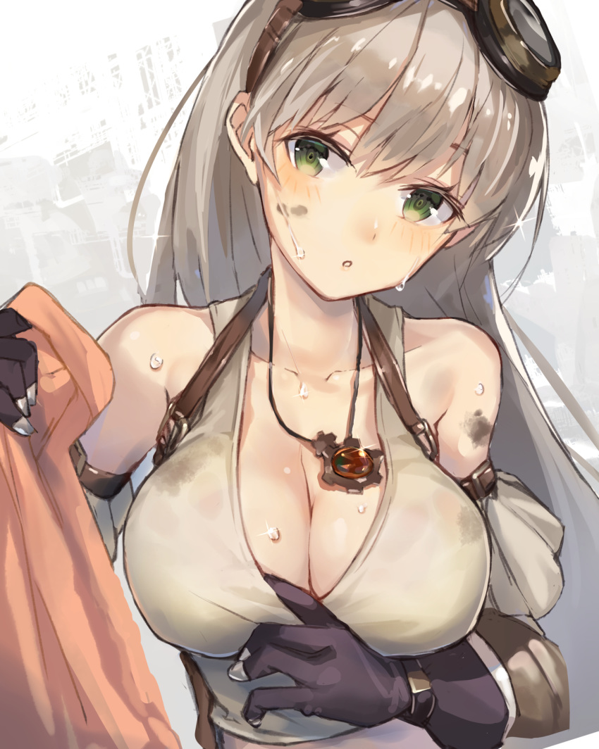 :o bare_shoulders black_gloves blush breasts cleavage collarbone commentary_request cruel_gz dirty dirty_clothes dirty_face female glint gloves goggles goggles_on_head green_eyes grey_hair head_tilt highres holding holding_towel jewelry large_breasts long_hair looking_at_viewer necklace parted_lips pendant sennen_sensou_aigis solo sparkle tank_top towel upper_body very_long_hair wendy_(sennen_sensou_aigis)