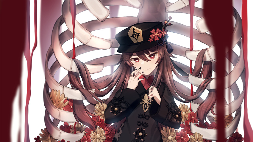 black_hat black_nails black_shirt blood brown_hair chinese_clothes commentary female fingernails flower flower-shaped_pupils genshin_impact hair_between_eyes hand_on_own_face hat hat_flower highres hu_tao_(genshin_impact) jewelry long_hair long_sleeves looking_at_viewer multiple_rings nail_polish red_eyes red_flower ring rktsm shirt skeleton solo symbol-shaped_pupils upper_body very_long_hair wide_sleeves yellow_flower