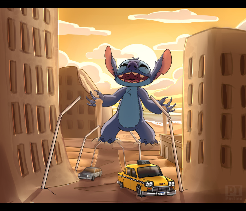 2020 alien beach bendy_straw black_bars blue_body blue_claws blue_fur blue_nose building chest_tuft city claws closed_eyes cloud commercial_vehicle detailed_background disney drinking_straw experiment_(lilo_and_stitch) fur head_tuft hi_res laugh lilo_and_stitch male narrowed_eyes notched_ear open_mouth open_smile outside pintino pretend public_transportation sand seaside semi-anthro signature smile solo squint stitch_(lilo_and_stitch) straw_(disambiguation) sun sunset taxicab teeth toe_claws tuft uvula vehicle vehicle_for_hire watermark