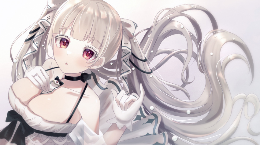 absurdres alternate_costume azur_lane black_choker breasts choker cleavage colored_eyelashes dress female formidable_(azur_lane) from_side gloves grey_hair hair_ribbon hand_on_own_chest highres jewelry junineu large_breasts long_hair looking_at_viewer ornate_ring red_eyes ribbon ring see-through see-through_dress simple_background solo twintails upper_body very_long_hair wedding_ring white_background white_dress white_gloves white_ribbon