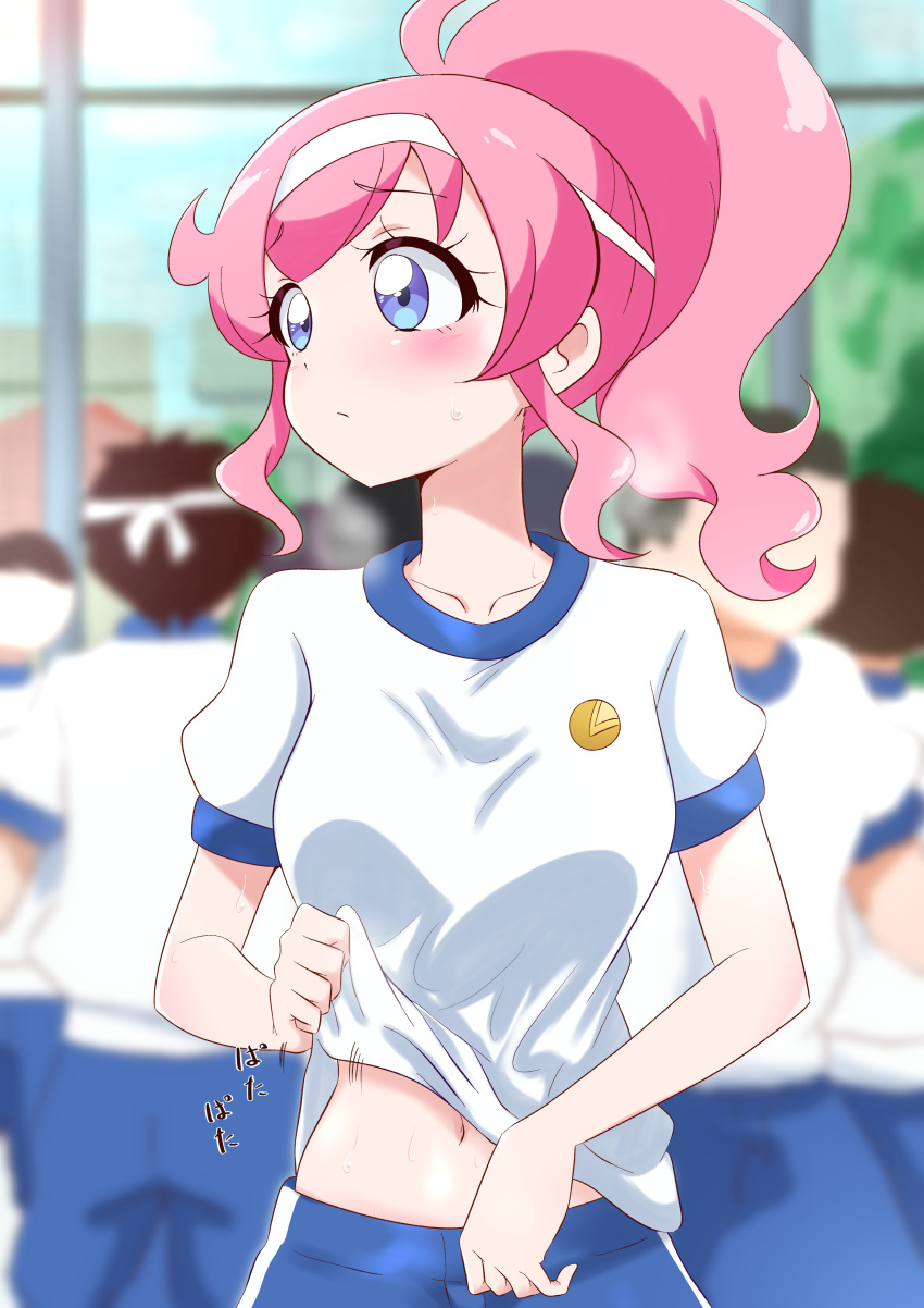 6+boys absurdres blue_collar blue_shorts blue_sleeves blurry blurry_background blush close-up clothes_lift collar collarbone commentary day depth_of_field fanning_self female gym gym_shirt gym_shorts gym_uniform headband high_ponytail highres kiratto_pri_chan long_hair looking_to_the_side momoyama_mirai motion_lines multiple_boys navel pink_hair pretty_series purple_eyes raised_eyebrows shiny_skin shirt shirt_lift shorts sidelocks solo_focus stomach striped_clothes striped_shorts sugimura_mickey sweat tree upper_body white_headband white_shirt white_stripes window