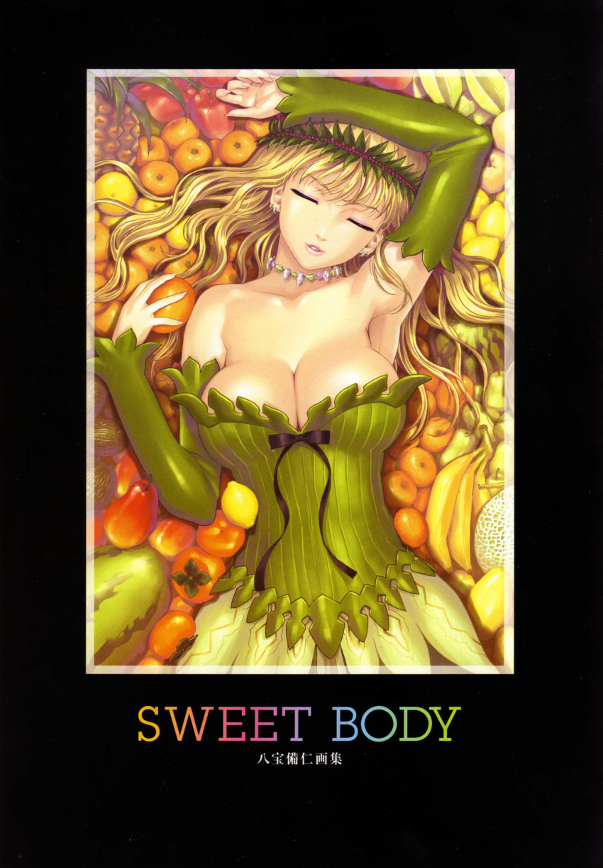 apple armpits artbook avocado banana bare_shoulders berry blonde_hair breasts cantaloupe cleavage closed_eyes corset detached_sleeves dress earrings elbow_gloves facing_viewer female food fruit gloves grapes green_dress happoubi_jin headband highres jewelry large_breasts leaf lemon long_hair looking_up lying mango nashi_pear necklace orange_(fruit) original papaya pear persimmon photoshop_(medium) pineapple purple_eyes solo starfruit strawberry text_focus watermelon