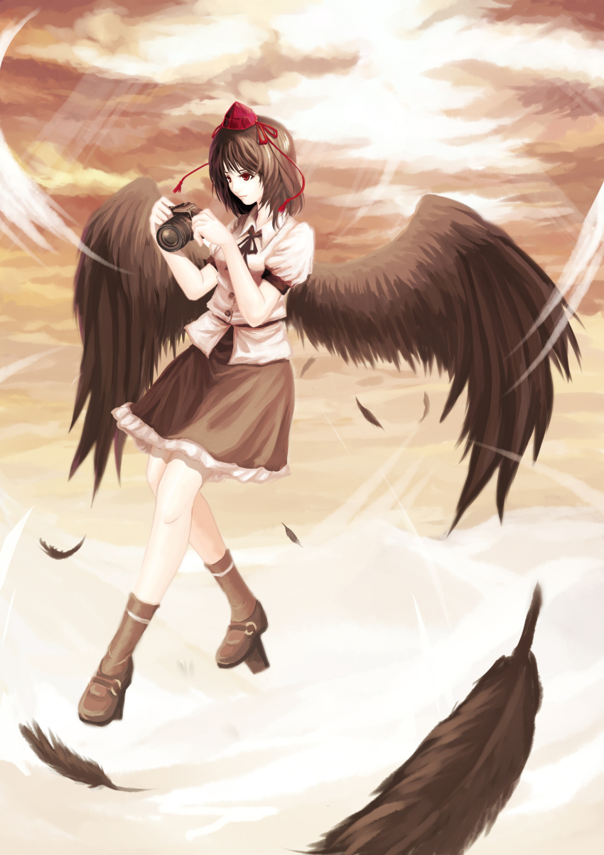 absurdres black_hair black_wings camera commentary_request feathers female flying geta hat highres iyokamioto looking_away red_eyes shameimaru_aya short_hair smile solo tengu-geta tokin_hat touhou wings