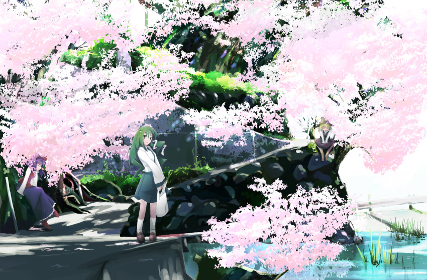 3girls bag blue_skirt cherry_blossoms closed_eyes full_body green_hair grocery_bag kochiya_sanae long_hair moriya_suwako multiple_girls nontraditional_miko outdoors path pond road scenery shopping_bag skirt spring_(season) standing takanashi_akihito touhou water yasaka_kanako