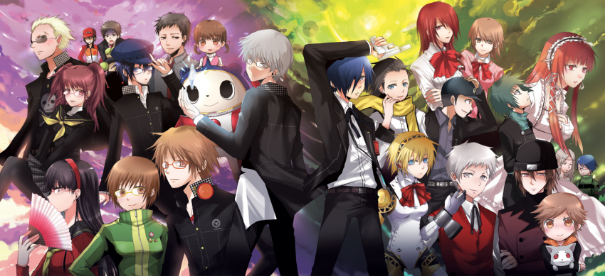 6+boys 6+girls adachi_tooru aegis_(persona) amada_ken amagi_yukiko animal aragaki_shinjirou bad_id bad_pixiv_id beanie blonde_hair blue_eyes bow brown_eyes brown_hair canine coat digital_media_player doujima_nanako doujima_ryoutarou everyone evoker gekkoukan_high_school_uniform glasses gun hair_over_one_eye hanamura_yousuke hand_fan hat headphones iori_junpei izanami_(persona) kirijou_mitsuru koromaru_(persona) kujikawa_rise kuma_(persona_4) kuzu_youkan mochizuki_ryouji multiple_boys multiple_girls narukami_yuu persona persona_3 persona_4 photoshop_(medium) reverse_trap ribbon sakaki_takaya sanada_akihiko satonaka_chie school_uniform shirato_jin shirogane_naoto smile suspenders tatsumi_kanji trench_coat weapon yamagishi_fuuka yoshino_chidori yukari_takeba yuuki_makoto_(persona_3)