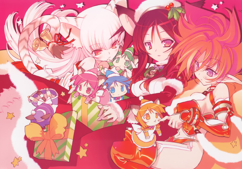 6+girls animal_ears bell blade_(galaxist) blue_eyes blue_hair blush cat_ears cat_tail christmas detached_sleeves dress eneus fur garter_straps gift green_eyes green_hair hairband hat highres leaning_forward long_hair magi-cu magician's_academy maid mini_person minigirl miyabi_(macademi_wasshoi) multiple_girls navel orange_eyes orange_hair photoshop_(medium) pink_eyes pink_hair pointing pointy_ears purple_hair red_hair santa_costume short_hair smile star_(symbol) synclavia tail tail_bell tail_ornament thighhighs tripping very_long_hair white_hair