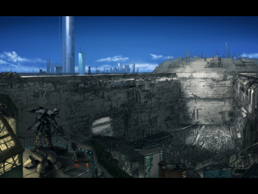 city commentary_request day highway letterboxed mecha megastructure mozuo no_humans original road robot scenery sky wall