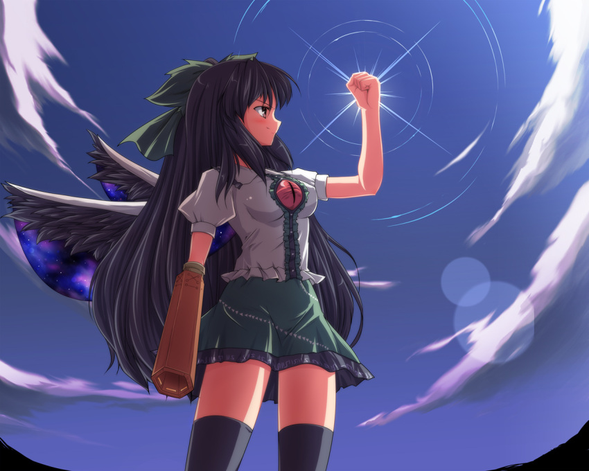 >:) arm_cannon black_hair black_thighhighs black_wings bow brown_eyes clenched_hand commentary_request day female green_bow green_skirt hairbow long_hair raised_fist reiuji_utsuho skirt sky smile solo subaru_noji sunlight thighhighs touhou v-shaped_eyebrows weapon wings zettai_ryouiki