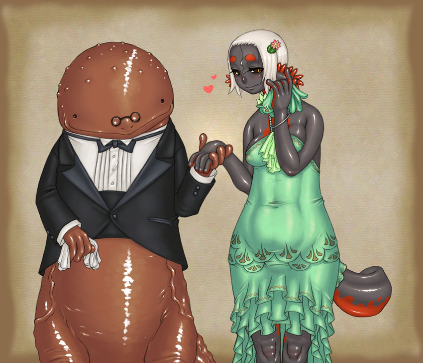 1boy axolotl bangle bare_shoulders black_jacket bow bowtie bracelet breasts brown_background brown_eyes cocktail_dress collared_shirt colored_skin commentary_request couple cummerbund dress facial_mark feet_out_of_frame female formal frills gathers giant_salamander gills glasses green_dress grey_skin hair_ornament hand_up handkerchief hellbender holding_hands interspecies jacket jewelry jon_henry_nam long_sleeves looking_at_another medium_breasts monster_girl multicolored_skin pince-nez pixiv_forest salamander shiny_skin shirt short_hair sleeveless sleeveless_dress smile standing straight traditional_bowtie tuxedo two-tone_skin white_hair white_shirt wide_hips