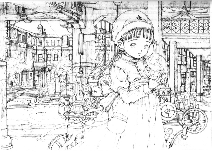 alchemy architecture blunt_bangs bow braid building coat column earrings expressionless female flask greyscale hand_fan handle hat highres imageboard_desourced jar jewelry long_hair looking_at_viewer machine miura_yasuto monochrome non-web_source original outdoors overcoat photoshop_(medium) pillar pocket puffy_sleeves road sash solo star_(symbol) street table tree twin_braids wheel wire