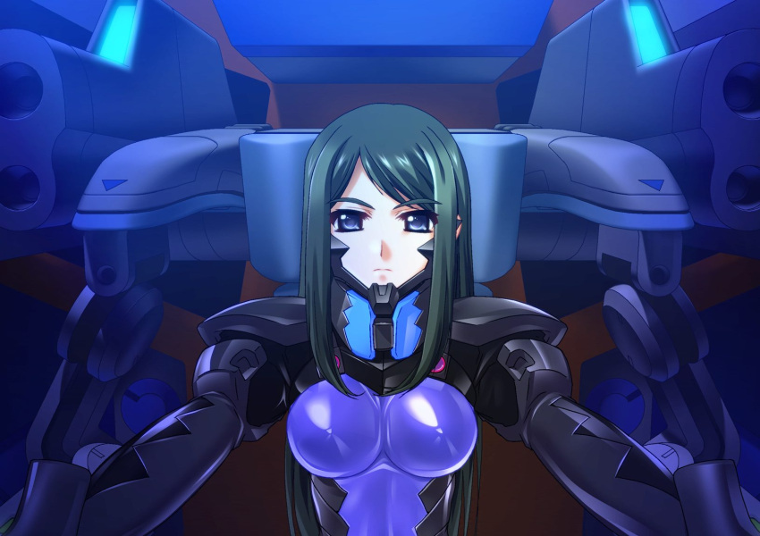 blue_eyes bodysuit bou_(inubou) breasts cockpit female fortified_suit game_cg green_hair highres kazama_touko large_breasts long_hair mecha muv-luv muv-luv_alternative pilot_suit purple_bodysuit robot solo