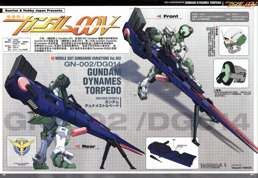 armor arrow_(symbol) copyright_name emblem full_body gun gundam gundam_00 gundam_00v gundam_dynames highres holding holding_gun holding_weapon huge_weapon letterboxed mecha multiple_views no_humans robot standing text_focus translation_request weapon yanase_takayuki