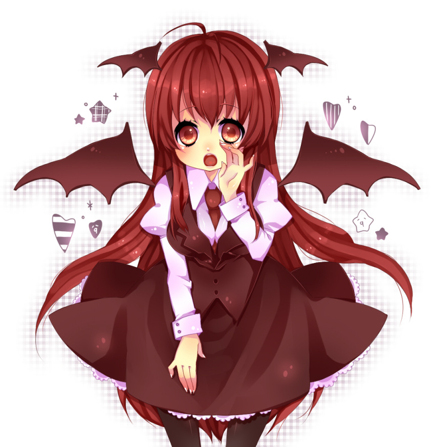 bat_wings commentary_request female head_wings koakuma long_hair mata pantyhose red_eyes red_hair solo touhou wings