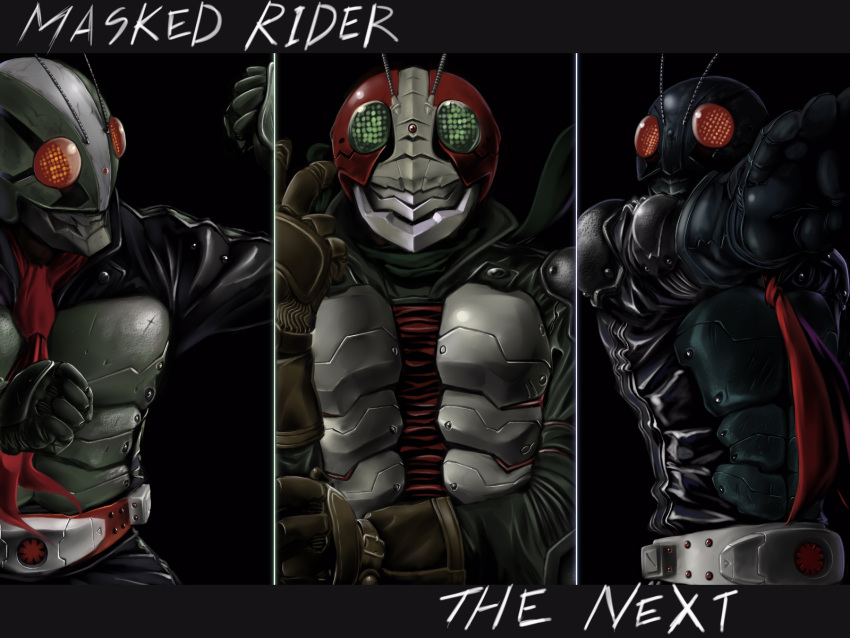 3boys aaru_(tenrake_chaya) column_lineup commentary_request highres kamen_rider kamen_rider_1 kamen_rider_2 kamen_rider_the_first kamen_rider_the_next kamen_rider_v3 male_focus multiple_boys standing