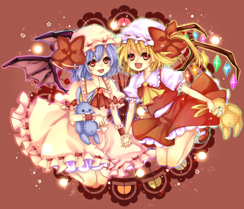 2girls commentary_request flandre_scarlet full_body hat highres holding_hands interlocked_fingers mary_janes mata multiple_girls oerba_yun_fang rabbit red_background remilia_scarlet shoes siblings sisters socks stuffed_animal stuffed_rabbit stuffed_toy touhou wings wrist_cuffs