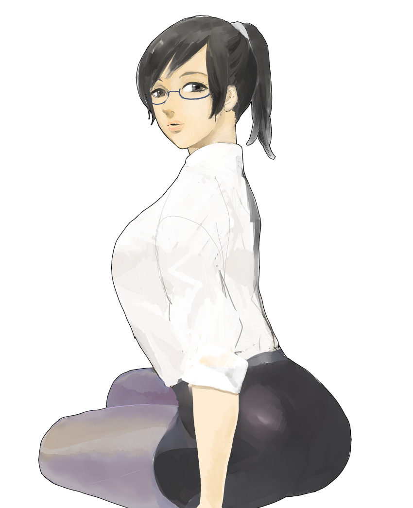 bad_id bad_pixiv_id black_hair brown_eyes female glasses highres holon pantyhose pencil_skirt ponytail real_drive skirt sleeves_rolled_up solo yamada_humie