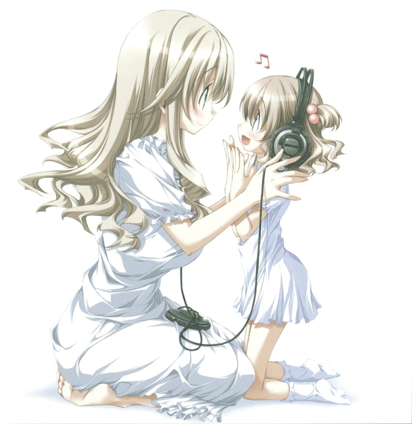 2girls ashita_no_kimi_to_au_tame_ni barefoot blush cd_player face-to-face hair_bobbles hair_ornament headphones highres kneeling kurashima_tomoyasu lolicon looking_at_another mother_and_daughter multiple_girls musical_note open_mouth seiza short_sleeves simple_background sitting smile socks white_background yuugiri_ruriko