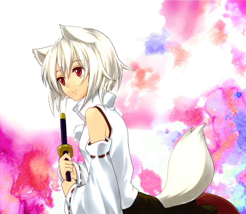 animal_ears bad_id bad_pixiv_id detached_sleeves female inubashiri_momiji red_eyes short_hair solo sword tail touhou weapon white_hair wolf_ears wolf_tail yuru_(kashima)