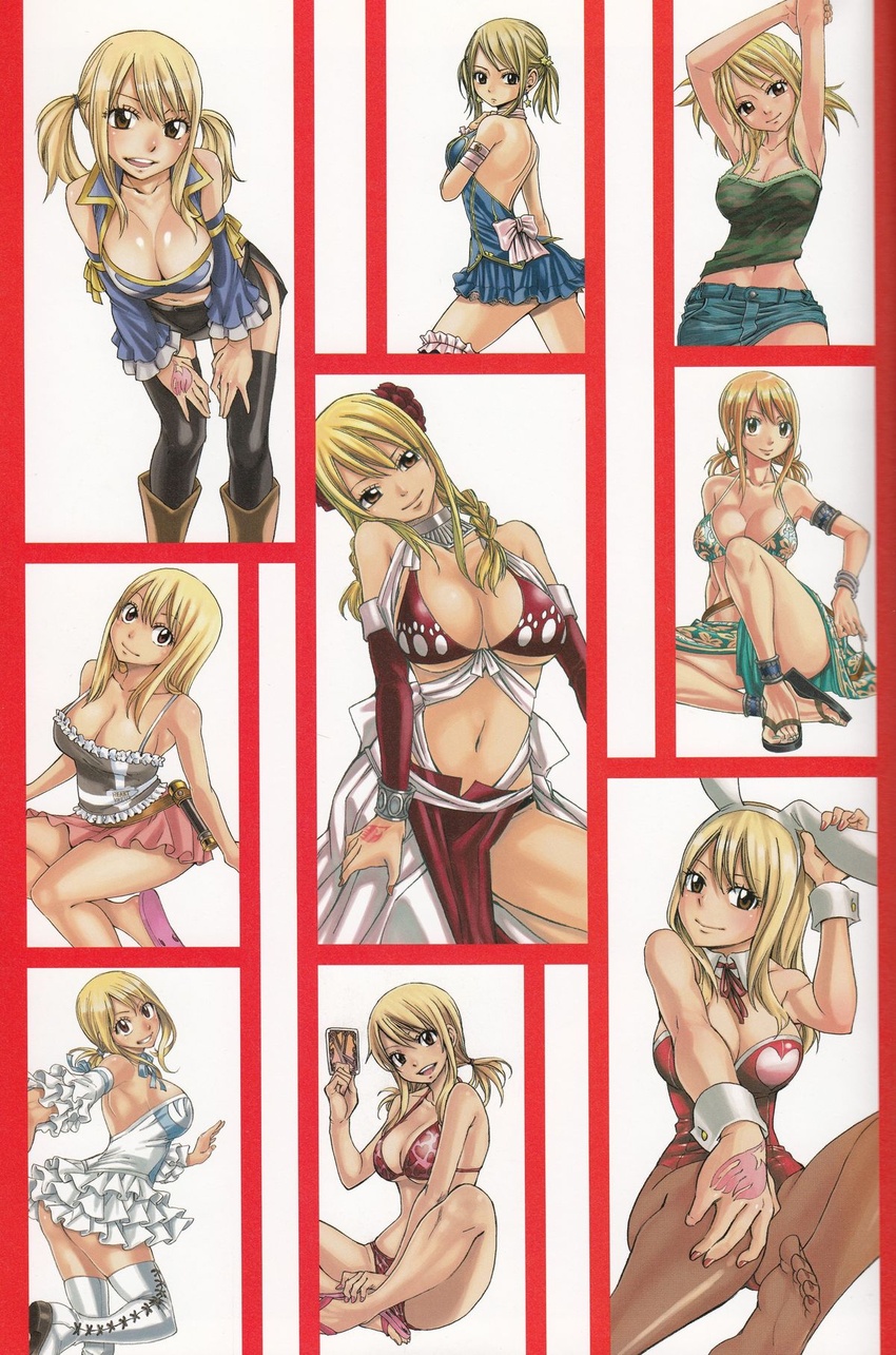 animal_ear ass blonde_hair breasts bunny_ear bunnysuit card cleavage fairy_tail large_breasts lucy_heartfilia mashima_hiro midriff smile