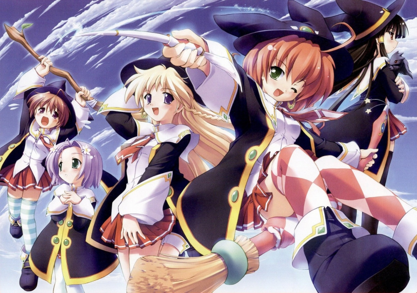 5girls broom ellene_sylvana everyone hat komatsu_eiji majokko_a_la_mode milky_milkcock multiple_girls pantyhose rydia_arsenal school_uniform seven_(majokko) silvia_aizetto striped_clothes striped_thighhighs thighhighs white_pantyhose