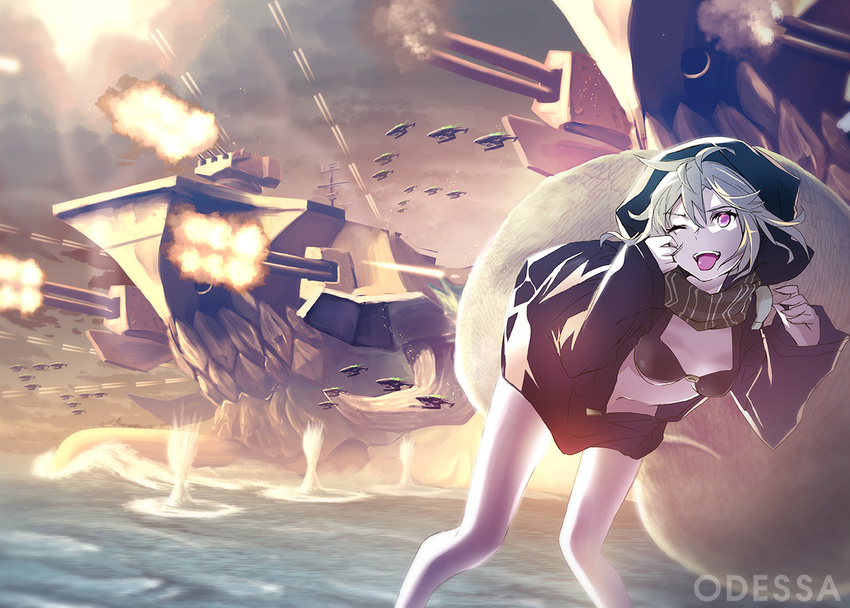 aircraft anthro bikini_top kantai_collection navel pink_eyes re-class_battleship scarf short_hair white_hair yonasawa