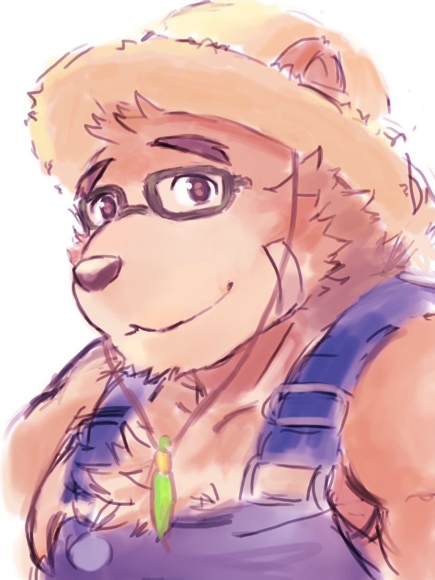 2017 anthro bear brown_body brown_fur clothing episode0006 eyewear fur glasses hat headgear headwear hi_res lifewonders male mammal overalls simple_background slightly_chubby solo straw_hat tokyo_afterschool_summoners volos_(tas) white_background