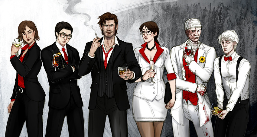 2girls 4boys cocktail_glass commentary_request cup deltastic drinking_glass formal joseph_oda juice_box juli_kidman leslie_withers multiple_boys multiple_girls pantyhose photoshop_(medium) ruvik sebastian_castellanos skirt skirt_suit suit tatiana_gutierrez the_evil_within wine_glass