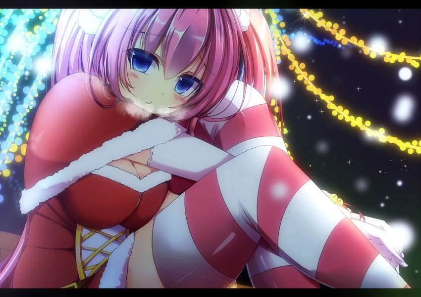 bloodcatblack blue_eyes breasts christmas cleavage long_hair original pink_hair santa_costume thighhighs winter zettai_ryouiki