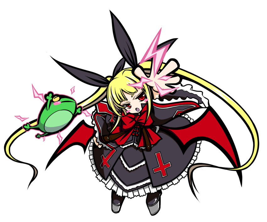 bat_wings blazblue bow chibi commentary_request female george_xiii gothic_lolita heel-less_heels lolita_fashion long_hair outstretched_hand photoshop_(medium) platform_footwear rachel_alucard red_bow red_wings shoes solo very_long_hair wings yuuki_(kanranseki)