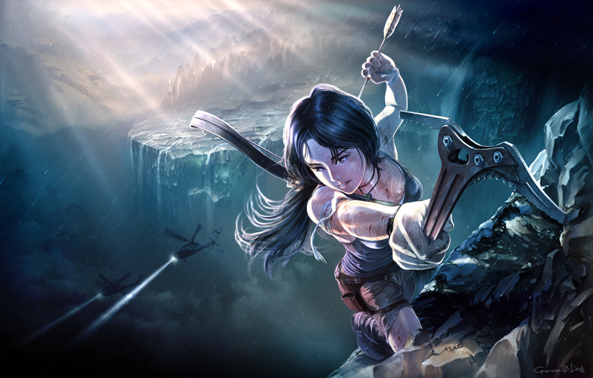 aalge aircraft arrow_(projectile) bandages black_hair blue_eyes bow_(weapon) climbing commentary_request contest_winner female helicopter highres ice_axe landscape lara_croft long_hair mountain photoshop_(medium) pixiv_tomb_raider_contest rain solo sunlight tomb_raider tomb_raider_(reboot) weapon