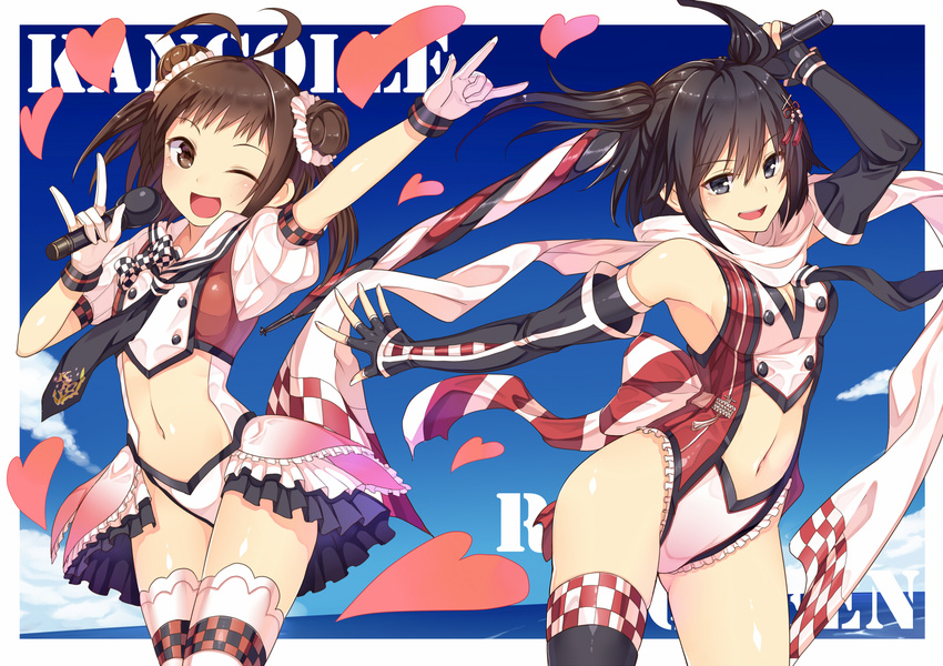 2girls black_eyes black_hair brown_eyes brown_hair elbow_gloves ginichi_(toot08) kantai_collection long_hair naka_(kancolle) navel ponytail sendai_(kancolle) short_hair thighhighs tie wink