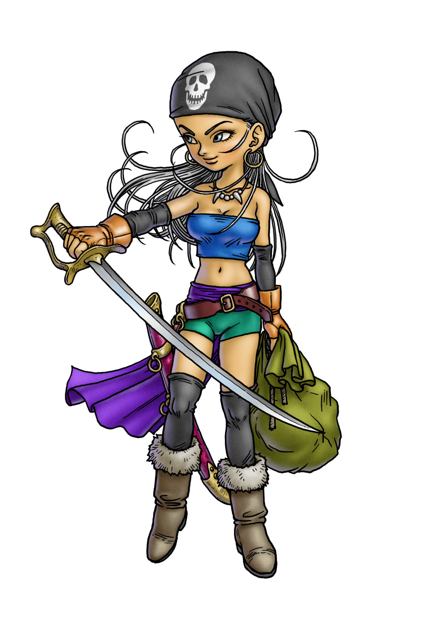 absurdres bandana blue_dragon breasts crop_top cutlass earrings female fingerless_gloves gloves grey_eyes highres hoop_earrings jewelry long_hair medium_breasts midriff navel necklace official_art sack sheath silver_hair skull solo strapless sword toriyama_akira tube_top weapon zola_(blue_dragon)