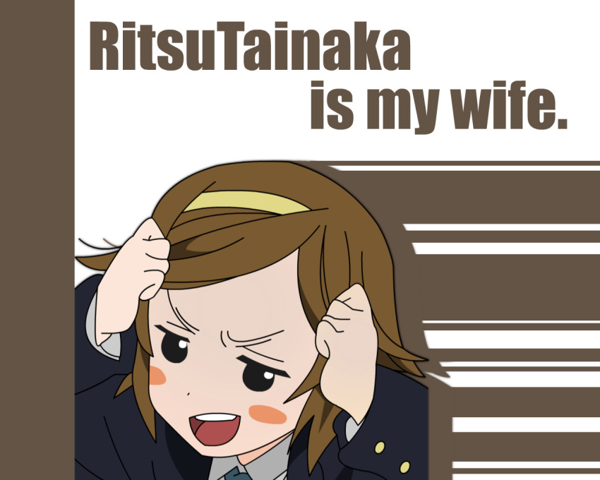 alternate_hairstyle bad_id bad_pixiv_id blush brown_hair english_text female forehead gani hairband k-on! mai_waifu short_hair smile solo tainaka_ritsu tomboy