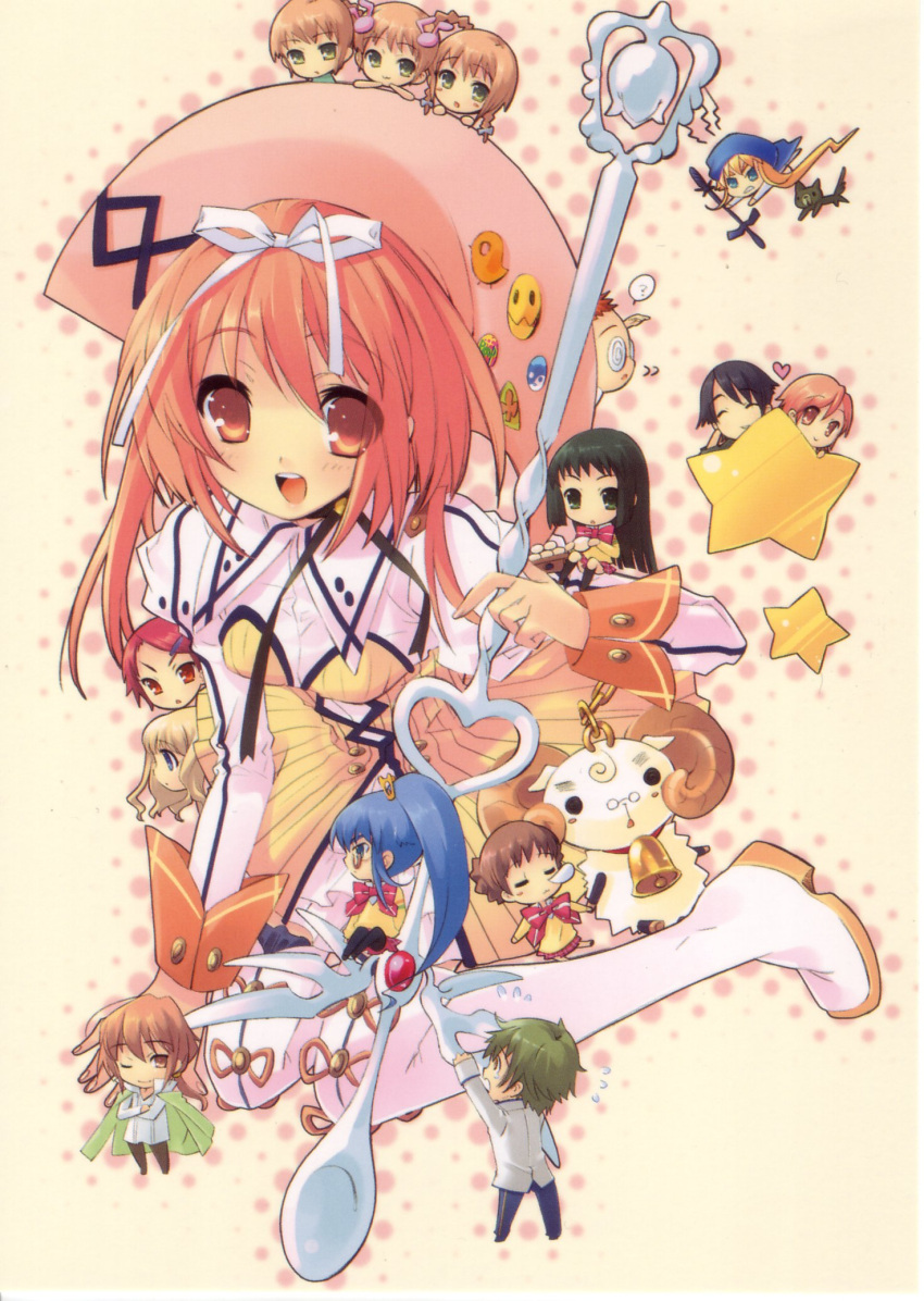 4boys 6+girls ? akihime_seishirou akihime_sumomo amamori_yayoi arthur_matsuda asamiya_akino asamiya_natsuki asamiya_toua badge bell black_hair blonde_hair blue_eyes bread brown_eyes brown_hair canine cape chains chibi dress everyone floating flying food fukamichi_nobuko glasses green_eyes green_hair groucho_glasses hair_ornament hairclip hat heart highres ito_noizi jacket jacket_on_shoulders kisaragi_natsume kneehighs koiwai_flora long_hair looking_afar matsuda_(nanatsuiro_drops) multiple_boys multiple_girls nanatsuiro_drops nose_bubble one_eye_closed orange_hair pet pink_eyes pink_hair ponytail prima_aspallas red_eyes red_hair ribbon sakuraba_keisuke short_hair simple_background skirt sleeping socks spoon star_(symbol) stuffed_animal stuffed_toy sweat teardrop triplets weapon yaeno_nadeshiko yellow_eyes yuki-chan yuuki_nona