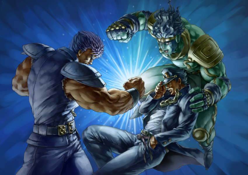 2boys 3boys :d adjusting_clothes adjusting_headwear armband armor battle belt belt_buckle black_hair bracer buckle chains clenched_hand colored_skin commentary_request company_connection cowboy_shot crossover denim fingerless_gloves gakuran gloves green_skin hand_in_pocket hand_on_another's_shoulder hat hokuto_no_ken jacket jeans jojo_no_kimyou_na_bouken kenshiro knee_pads kujo_jotaro light_rays long_coat male_focus manly multiple_boys muscular open_clothes open_jacket open_mouth pants pauldrons photoshop_(medium) school_uniform shoulder_armor shoulder_pads shounen_jump simulex smile stand_(jojo) standing star_platinum