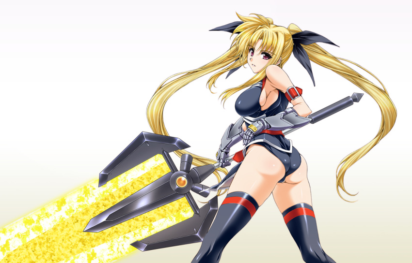 ass bardiche_(nanoha) bardiche_(zanber_form)_(nanoha) blonde_hair breasts energy_sword fate_testarossa fate_testarossa_(true_sonic_form) female huge_weapon large_breasts long_hair lyrical_nanoha mahou_shoujo_lyrical_nanoha_strikers photoshop_(medium) purple_eyes sideboob solo sword thighhighs twintails weapon yatsushima_tetsuya